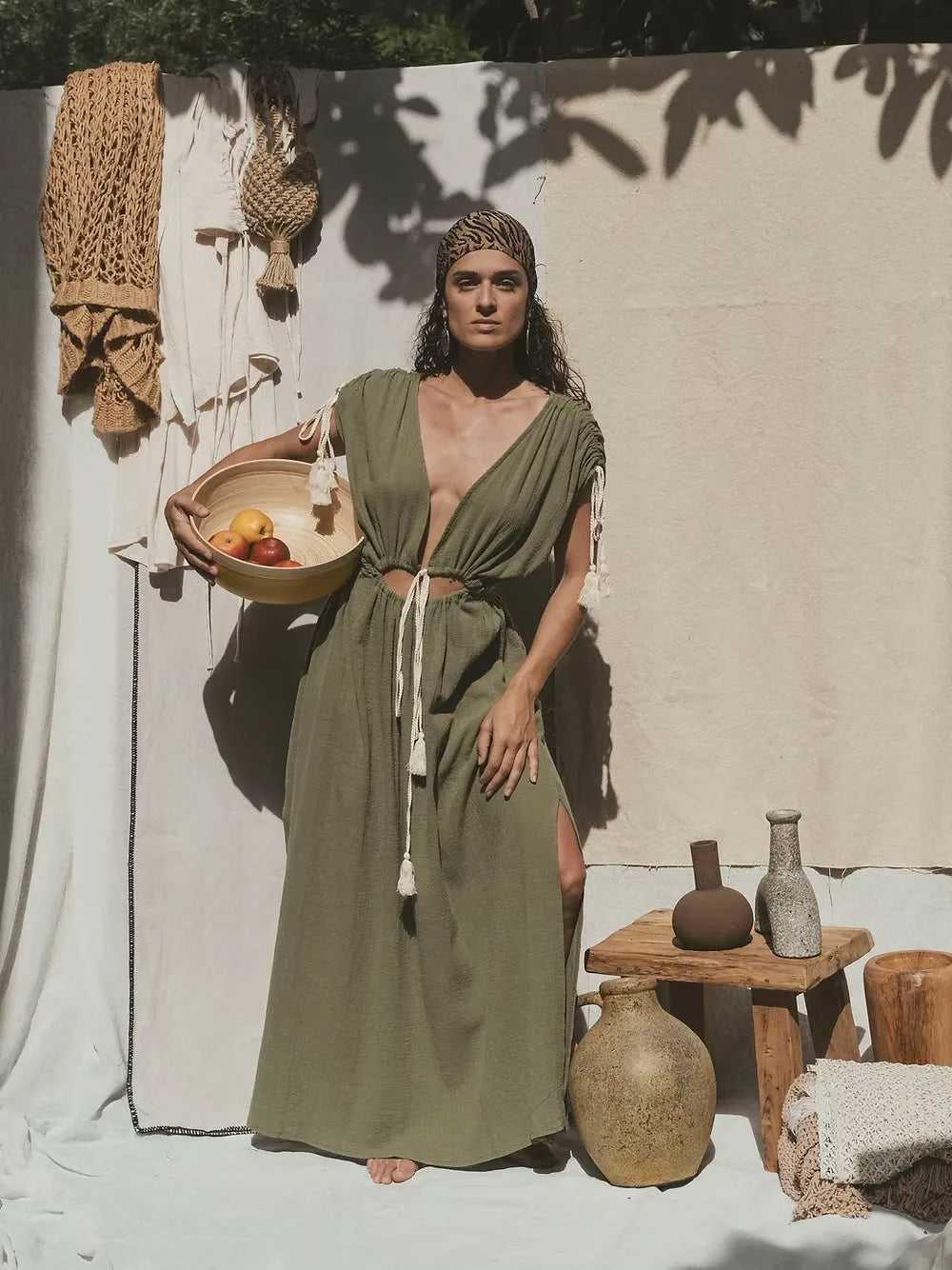 Robe longue à cordons Mykonos - Kaki