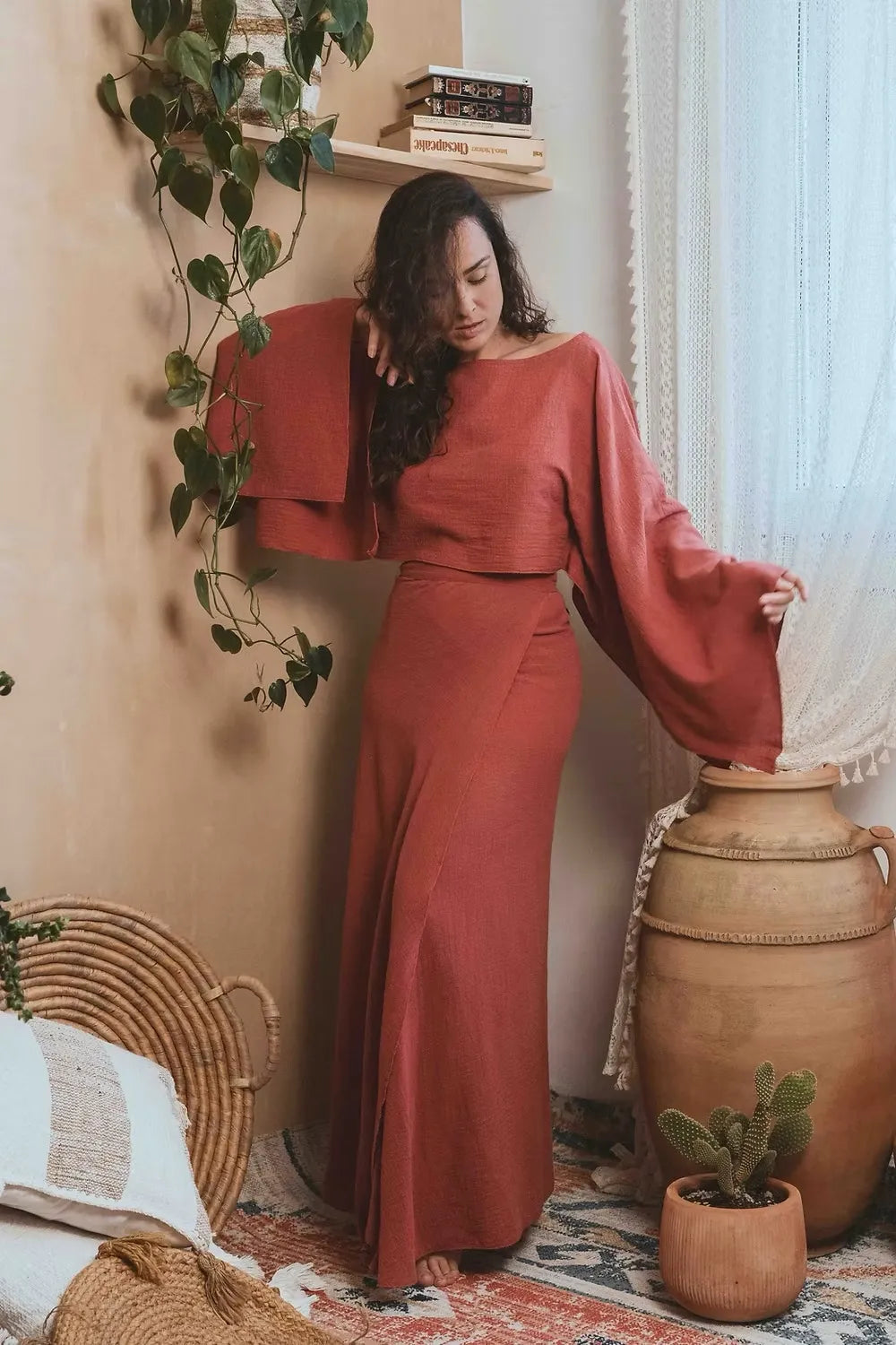 Angkor linen-effect long skirt - Terracotta