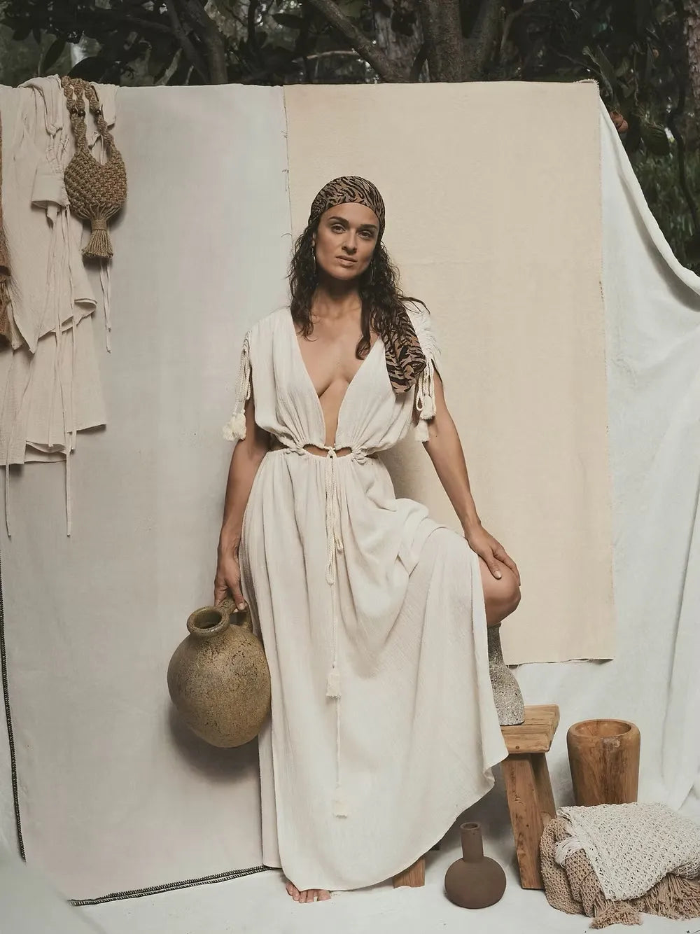 Robe longue à cordons Mykonos - écru
