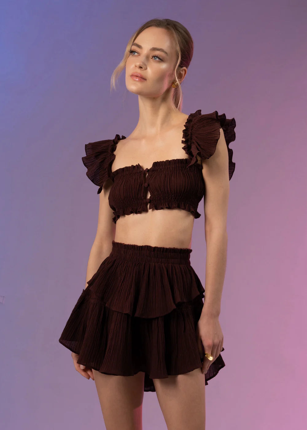 Top brassière Luna à volants Bordeaux