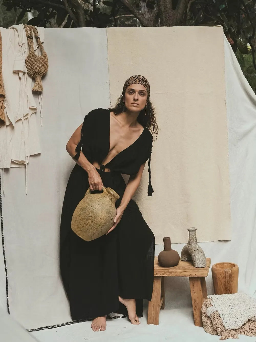 Robe longue à cordons Mykonos - Noir