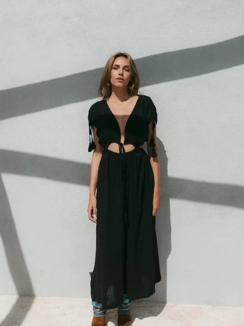 Robe longue à cordons Mykonos - Noir