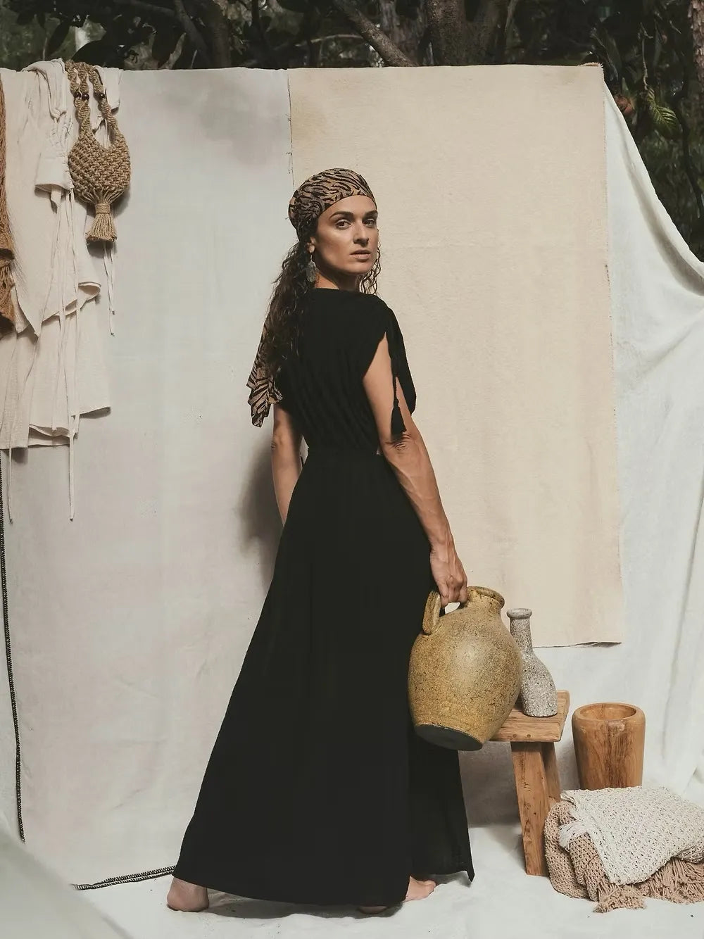 Robe longue à cordons Mykonos - Noir