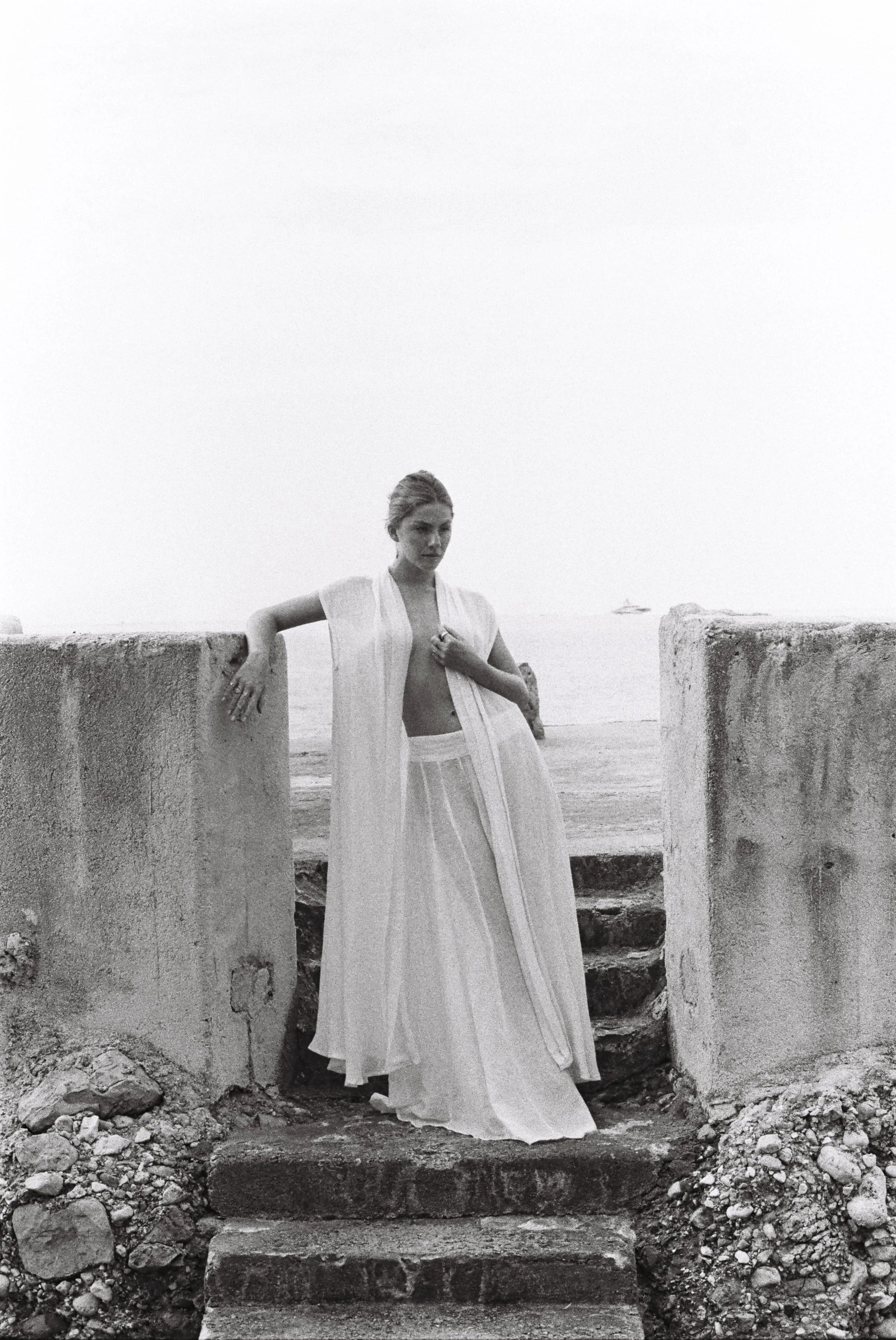 Caftan Dunes sans manches long en lin blanc